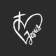 Faith based icon, black background, white heart, cross, Jesus written on it